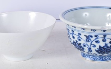 A Chinese porcelain blue and white tea bowl decorated with foliage together with another tea bowl