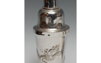 A Chinese white metal cocktail shaker, chased and applied wi...