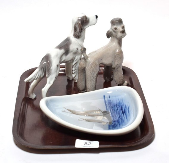 A Copenhagen Poodle, a Setter, and a dish painted with...