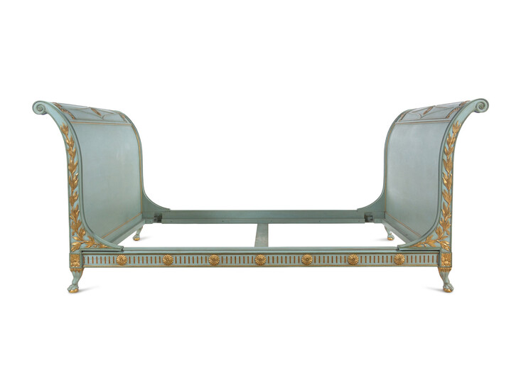 A Custom Directoire Style Blue-Painted and Parcel Gilt Double-Size Bed