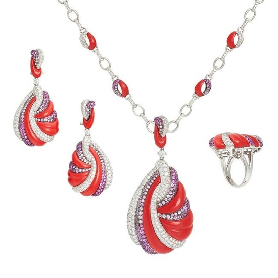 A DIAMOND, PINK SAPPHIRE AND RED CORAL SUITE in 18ct white gold, comprising a necklace suspending a