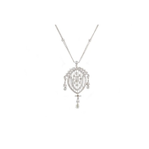 A DIAMOND SET CHANDELIER PENDANT AND CHAIN, of open worked d...