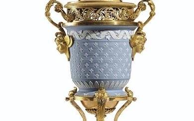 A DIRECTOIRE ORMOLU-MOUNTED WEDGWOOD JASPERWARE AND WHITE MARBLE POT POURRI VASE AND COVER, PROBABLY SUPPLIED BY DOMINIQUE DAGUERRE, CIRCA 1795