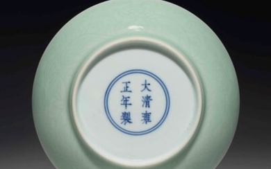 A FINE INCISED CELADON-GLAZED 'LINGZHI' SAUCER DISH, YONGZHENG SIX-CHARACTER MARK IN UNDERGLAZE BLUE WITHIN A DOUBLE CIRCLE AND OF THE PERIOD (1723-1735)