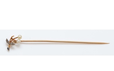 A French 18ct gold rose diamond and pearl stickpin, makers l...