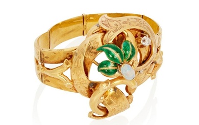 A French Victorian opal and diamond bangle bracelet