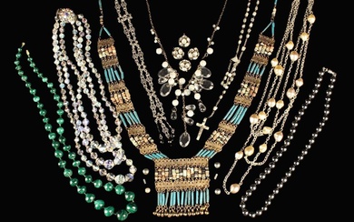 A Group of Costume Jewellery to include a malachite bead necklace, facetted lustre glass bead neckla