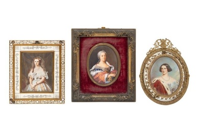 A Group of Three Gilt Metal Framed Portrait Miniatures on Porcelain
