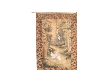 A Japanese silk embroidery with the crane and bamboo, Keibun...