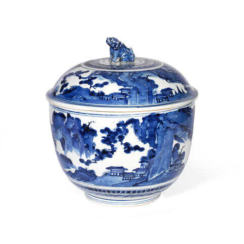 A LARGE ARITA BLUE AND WHITE DEEP BOWL AND COVER