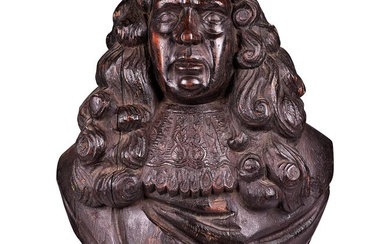 A LARGE CARVED AND STAINED OAK BUST OF SAMUEL PEPYS, EARLY 19TH CENTURY