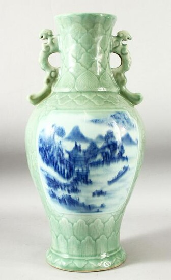 A LARGE CHINESE CELADON TWIN HANDLE VASE, decorated to