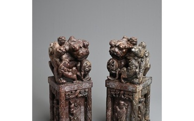 A LARGE PAIR OF CHINESE SOAPSTONE SEALS, 20TH CENTURY. Each ...