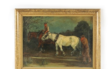 A LATE 19TH CENTURY OIL ON CANVAS workhorses with men, mount...