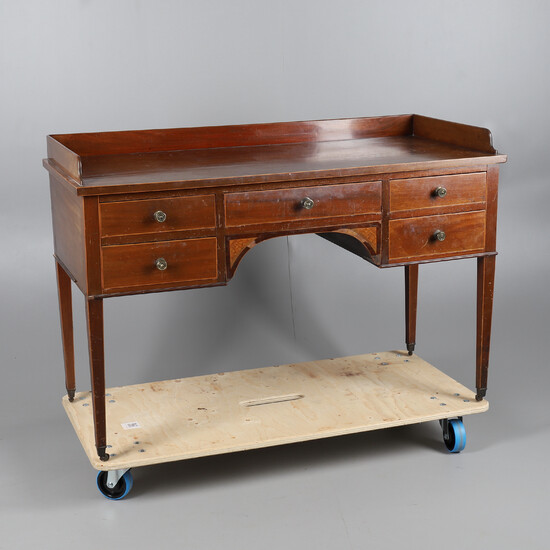 A GEORGE IV STYLE MAHOGANY AND INLAID DRESSING TABLE.