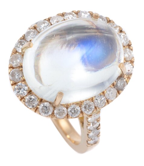 A MOONSTONE AND DIAMOND COCKTAIL RING; centring an approx. 10ct cabochon moonstone (14.4 x 11.8mm) to surround and shoulders set wit...
