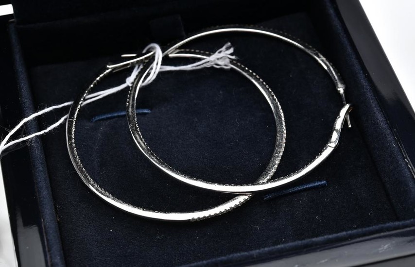 A PAIR OF BLACK AND WHITE DIAMOND HOOP EARRINGS BY CALLEIJA IN 18CT WHITE GOLD, BOXED WITH PAPERS