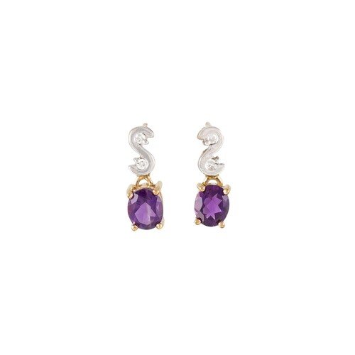 A PAIR OF DIAMOND AND AMETHYST DROP EARRINGS, mounted in gol...