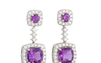 A PAIR OF DIAMOND AND AMETHYST DROP EARRINGS, the mixed cut ...