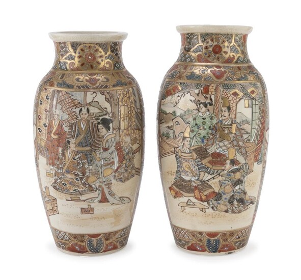 A PAIR OF JAPANESE POLYCHROME AND GOLD ENAMELED CERAMIC VASES EARLY 20TH CENTURY.