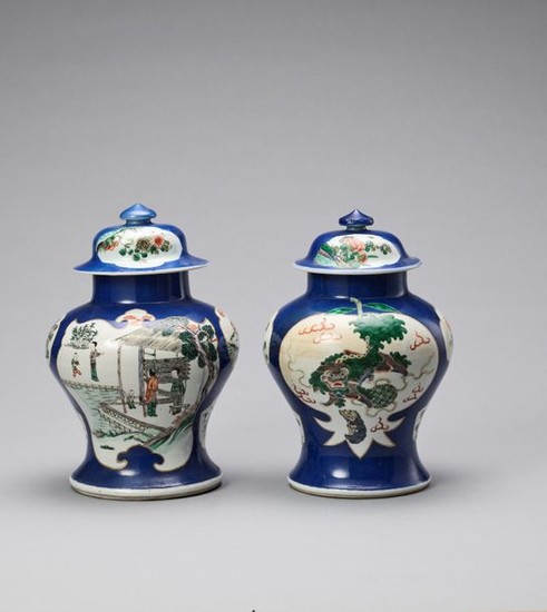 A PAIR OF POWDERBLUE GROUND FAMILLE VERTE LIDDED...