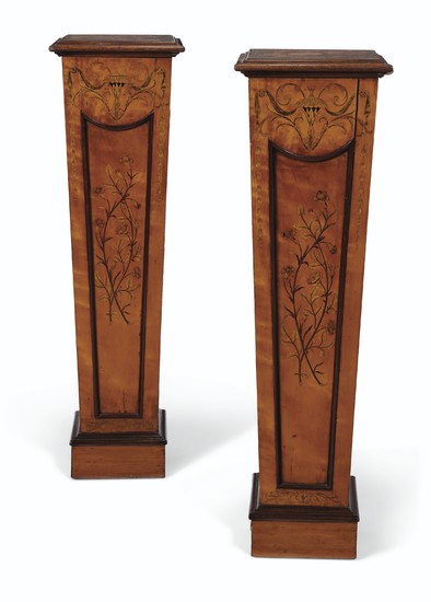 A PAIR OF VICTORIAN INLAID SATINWOOD AND MARQUETRY PEDESTALS, SECOND HALF 19TH CENTURY