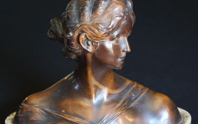 A PATINATED METAL BUST OF CLASSICAL MAIDEN ON MARBLE