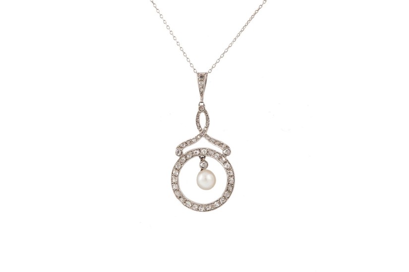 A PEARL AND DIAMOND PENDANT, mounted in platinum.