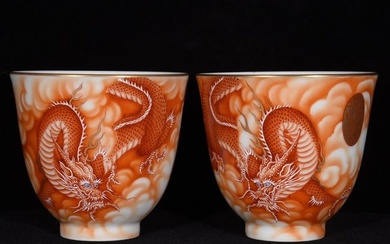 A Pair Chinese Gilt Gold Iron Red Glaze Dragon Porcelain Cup