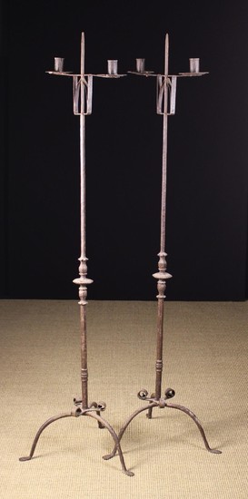 A Pair of 18th Century Style Wrought Iron Floor Standard Twin-socket Candle Holders. The candle sock