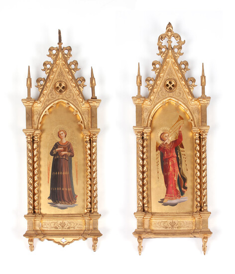 A Pair of Italian Giltwood Paintings of Angel Musicians, After Fra Angelico