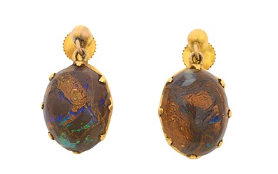 A Pair of Opal Earrings the oval cabochon boulder opals...