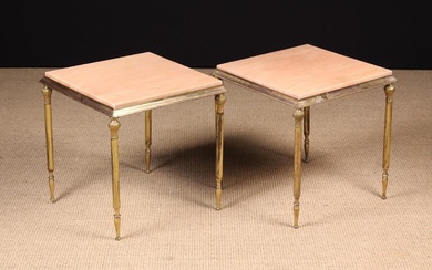 A Pair of Small Square Pink Onyx Marble-topped Brass Side Tables 15'' (38 cm) high, 13'' (33 cm) wid