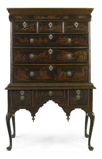 A QUEEN ANNE CHINOISERIE DECORATED BLACK LACQUERED CHEST ON STAND...