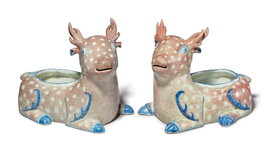 A Rare Pair of Chinese Underglaze-blue and Copper-red Decorated Stag-form Vessels Qing Dynasty, Early 19th Century