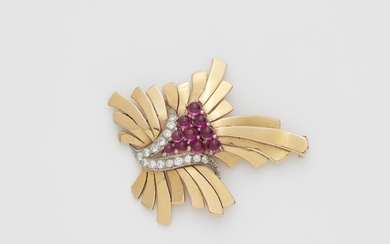 A Retro Style 18k gold platinum synthetic ruby cabochon and diamond brooch.