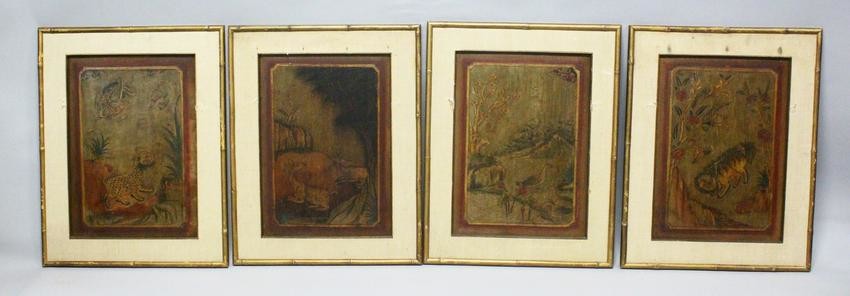 A SET OF FOUR 19TH CENTURY CHINESE FRAMED PAINTED WOOD
