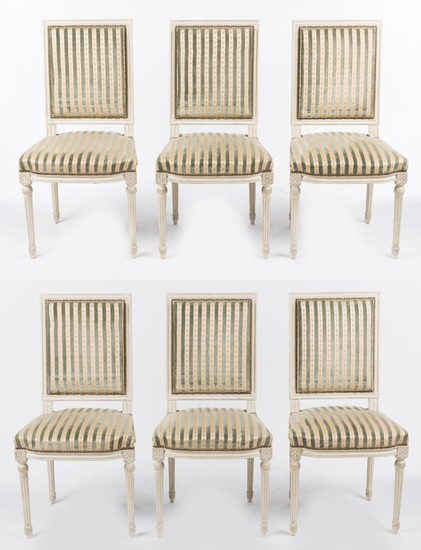 A SET OF SIX WHITE PAINTED LOUIS XVI STYLE DINING CHAIRS IN STUDDED SILK AND VELOUR STRIPED UPHOLSTERY, 92CM H. SPECIAL NOTE REGARDI...