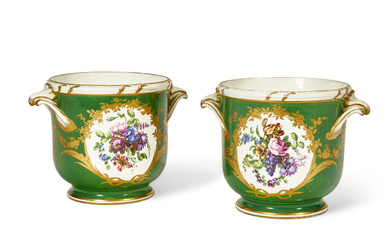 A SMALL PAIR OF SEVRES PORCELAIN GREEN-GROUND BOTTLE COOLERS (SEAUX...