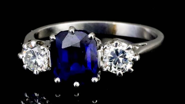A Sapphire and Diamond Three Stone Ring, Modern, in...