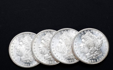A Set of Four American Uncirculated Morgan Silver Dollar Coins issued 1880-S