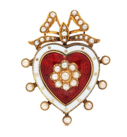 A Victorian Yellow Gold, Pearl and Enamel Heart Brooch
