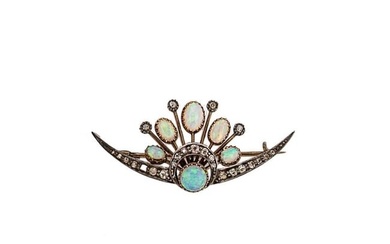 A Victorian opal and diamond crescent brooch