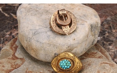 A Victorian yellow metal turquoise target brooch, lobbed ova...