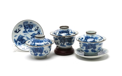 A blue and white porcelain tea set with saucer painted with immortals riding on Qi-lin (incomplete set)