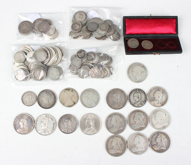 A collection of Victorian and later silver coinage, including half-crowns, florins, shillings, sixpe