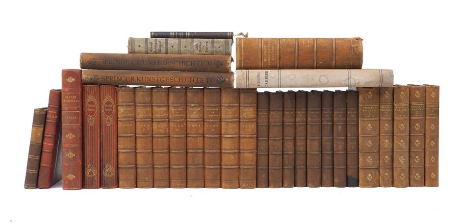 A collection of books, 19th/20th century, English, German and French, fiction and reference books, in various bindings, to include; 'History of Friedrich II of Prussia' by Thomas Carlyle, five vols., 'Memoires du J.Casanova', eight vols., and a...