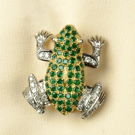 A diamond and emerald frog brooch, with ruby
