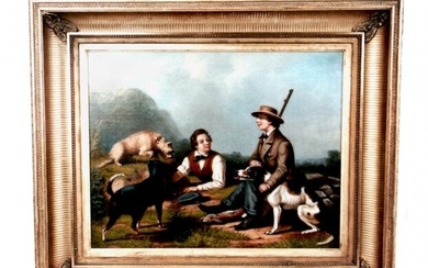 A fine oil on canvas of two young hunters w/ dogs