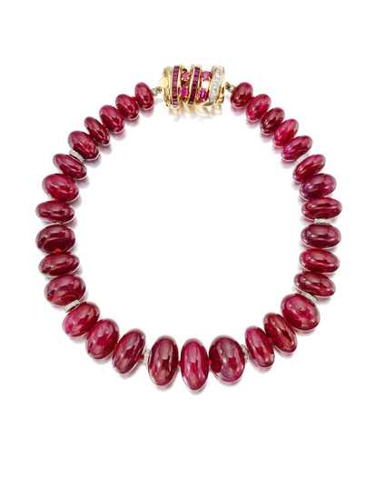 A gold, ruby and diamond bead necklace,, Seaman Schepps